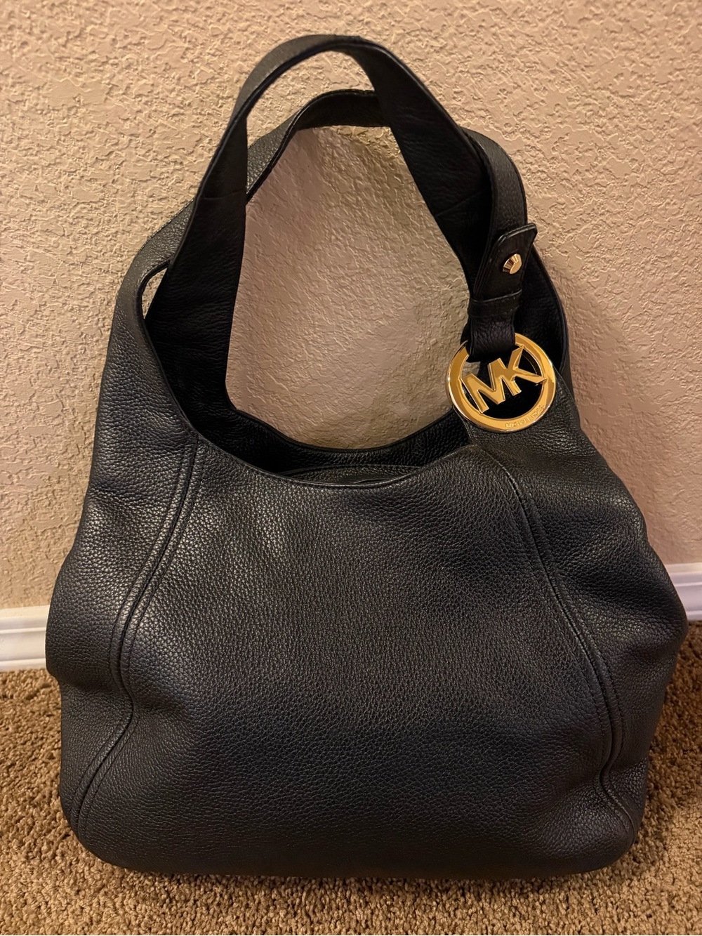 Michael Kors Black Pebbled Leather Shoulder Bag with Gold MK Medallion